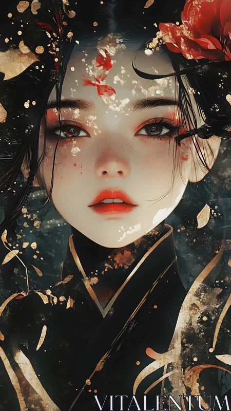 Quiet blossom gaze wrapped in ink-dark falling petals.