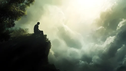 Solitary figure sits on cliff above glowing cloud abyss