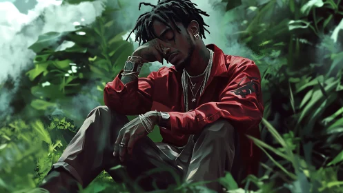 Contemplative man in red jacket resting in lush green foliage.