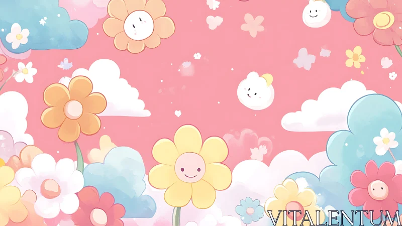 Smiling pastel flowers drift among dreamy cartoon clouds