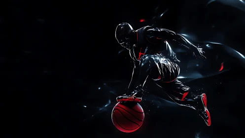 Dynamic neon basketball crossover in high-contrast lighting.