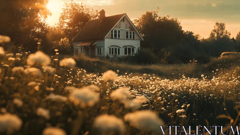 Sun-drunk wildflower meadow embracing a quiet country home.