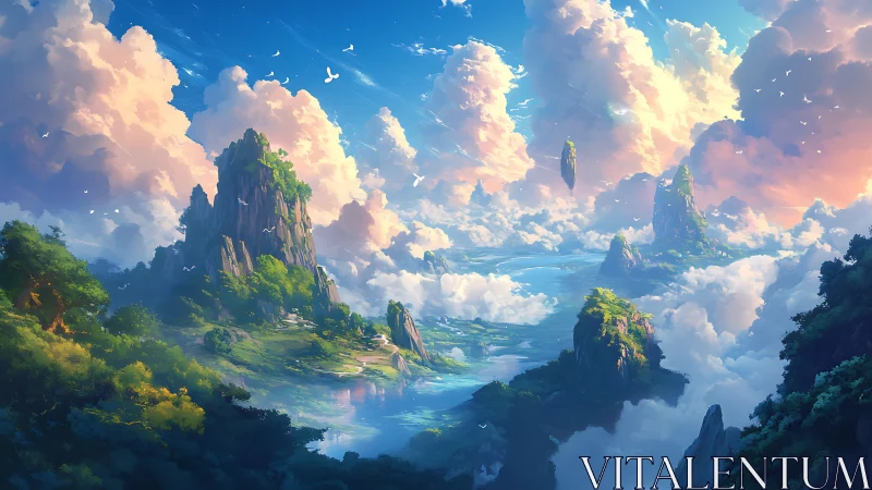 Digital landscape shows floating cliffs and dense cloud formations