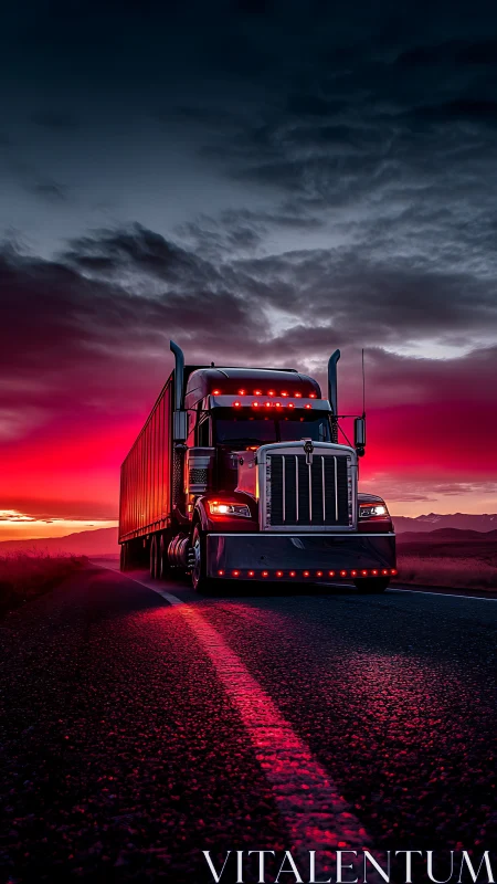 Midnight semi truck glowing under neon crimson sunset sky.