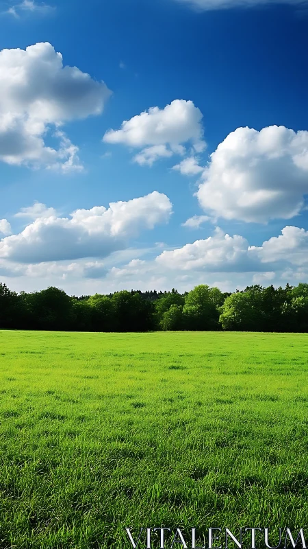 Sunlit grass field extends toward dense tree line under clouds