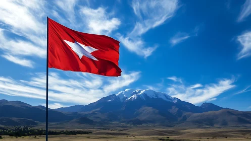 Red flag with white star positioned before snowcapped mountain