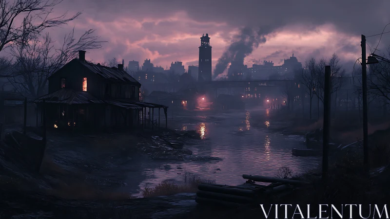 Twilight whispers over a smokey riverfront ghost town.