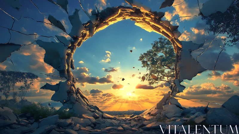 Shattered stone portal framing radiant sunset horizon.