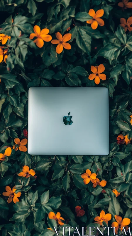 Silver laptop dreaming in a wild carpet of orange blooms.