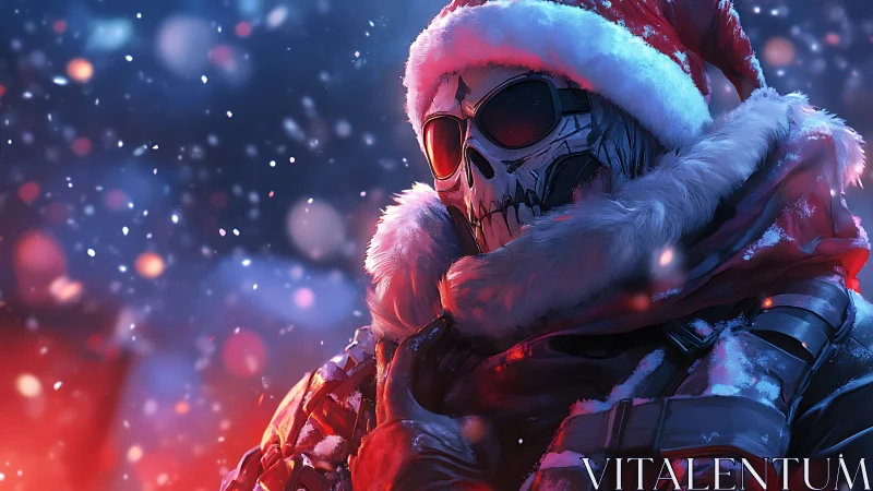 Frostbitten Santa skull warrior stalks a neon winter night.