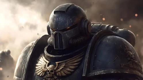 Armored sci fi super soldier in black battle gear.