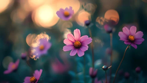 Shallow Depth Field Cosmos Flowers With Bokeh Luminescence