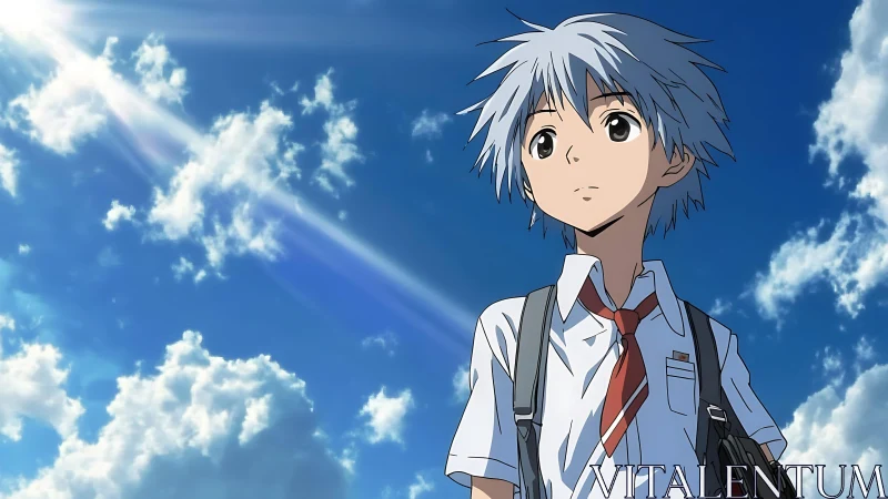 Sunlit anime schoolboy under expansive cumulus cloudscape