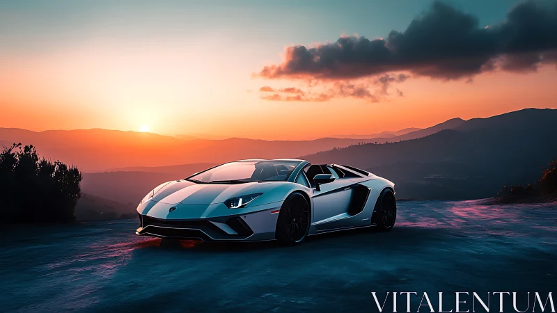 Silver supercar cuts through a cinematic mountain sunset road