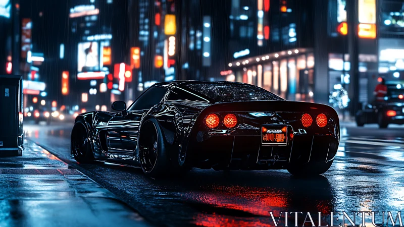 Black sports car on wet neon city street at night scene.
