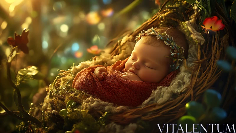 Forest cradle dreamscape with sunlit fairy-tale newborn glow.