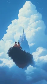 Two friends daydream on a floating cliff above cloud castle.
