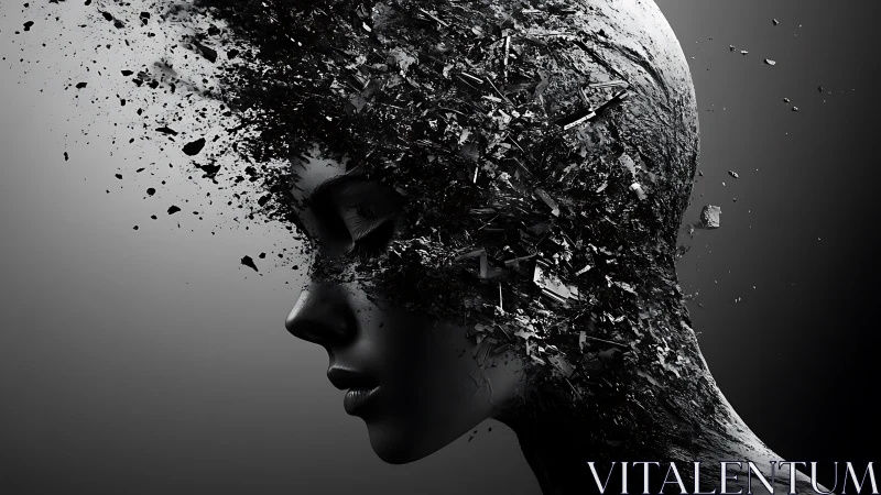 Fragmented digital bust dissolves into dark shattering void.