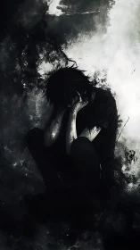 Ink-soaked shadows cradle a lone soul folded in quiet collapse