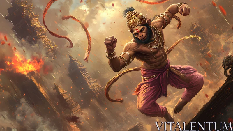 Skyborne monkey warrior storms burning mythic cityscape.