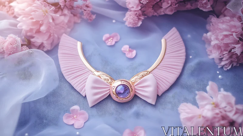 Moonlit pastel wing necklace among dreamlike cherry blooms.