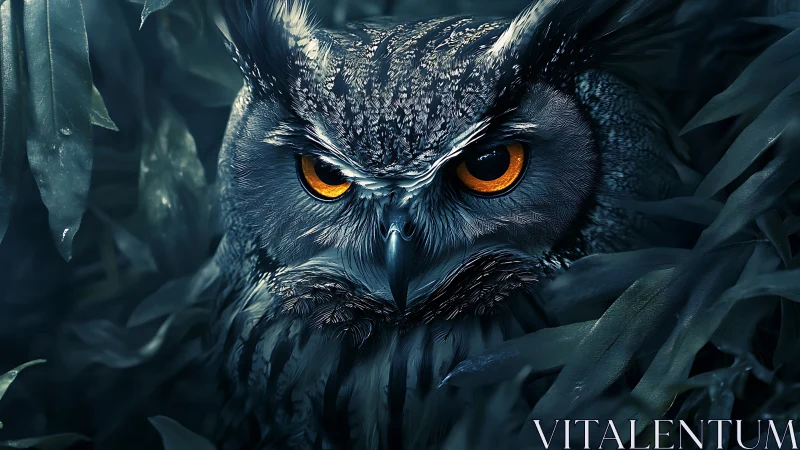 Majestic Owl with Intense Amber Eyes in Dark Forest Realism.