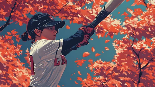 Baseball hitter swings under vivid autumn maple canopy
