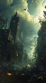 Post-apocalyptic high-rise canyon under turbulent particulate sky