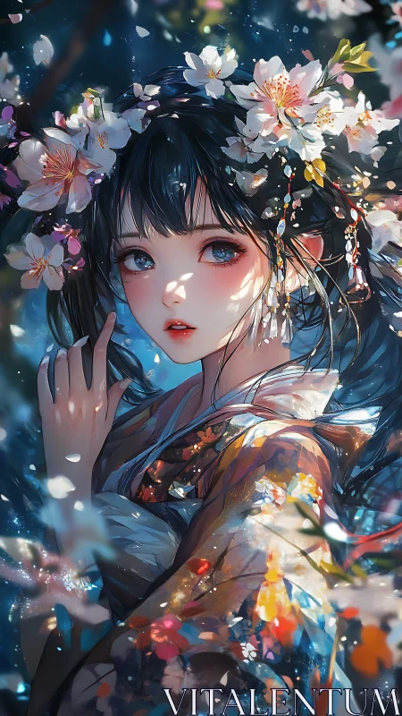 Blossom-crowned maiden drifting through painted starlight.