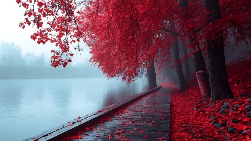 Digital painting of crimson riverbank path in autumn fog.
