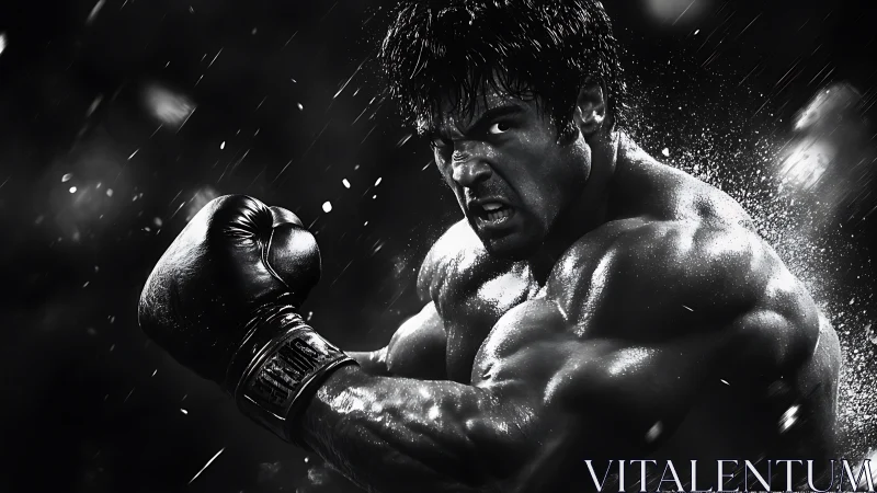 Boxer in rain, muscular fighter in combat stance with gloves.