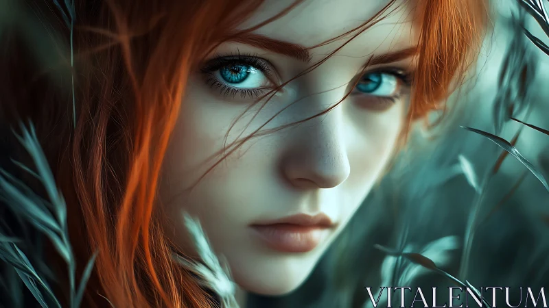 Fiery-haired girl with piercing blue eyes in soft focus field.