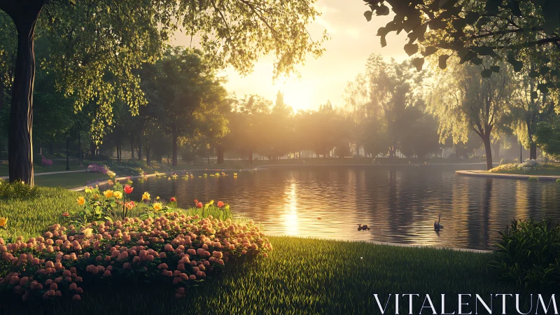 Serene park lake at sunrise with flowers and calm water.
