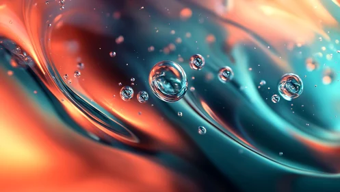 Floating liquid bubbles on teal and orange abstract waves.