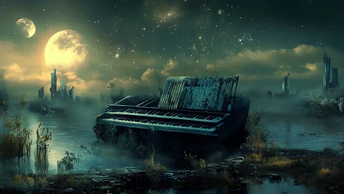 Lunar swamp sonata at a ruined piano beneath twin moons.