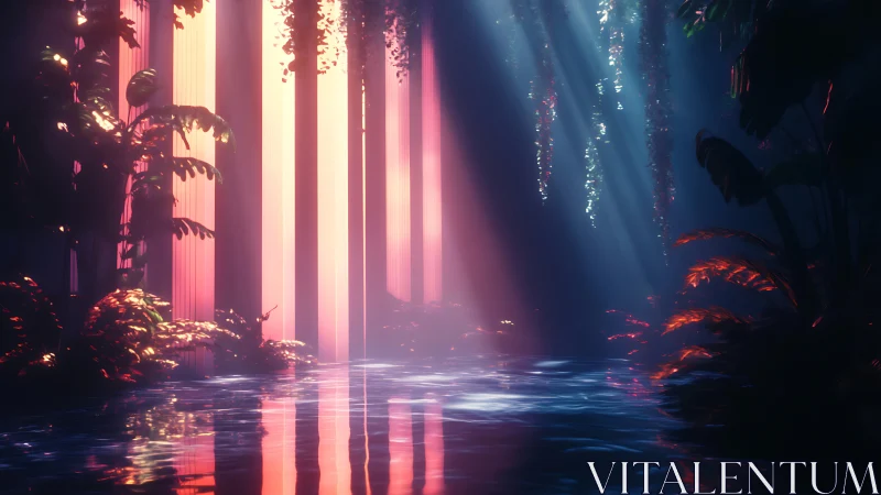 Neon Forest Gateway: Where Pink Light Cuts Through Darkness.