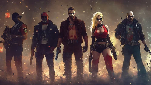 Cinematic digital painting lineup of armed antihero squadron.