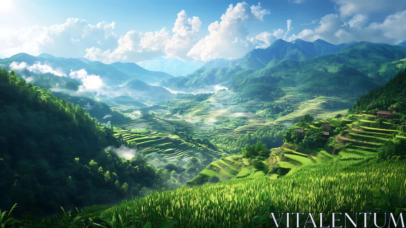 Layered terraced fields across sunlit mountain valley.