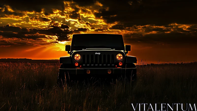 Sunset warrior Jeep waits, headlights glowing in tall grass