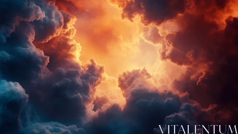 Fiery clouds opening into a soft, glowing sky portal.