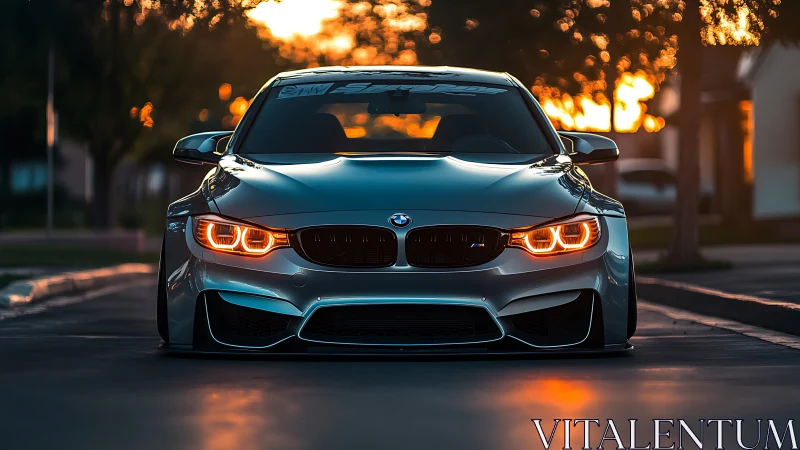 Sunset city street welcomes a sleek silver sports car.