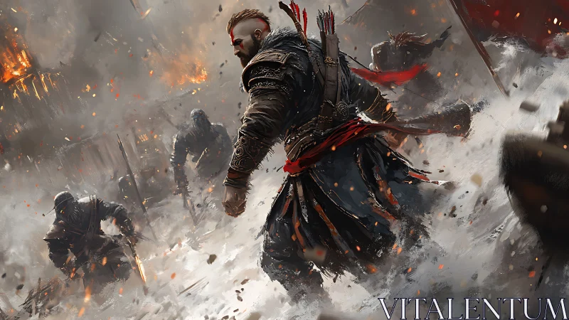 Armored warrior charges through snow amid burning siege