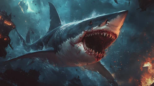 Giant breaching shark rendered in cinematic digital chaos
