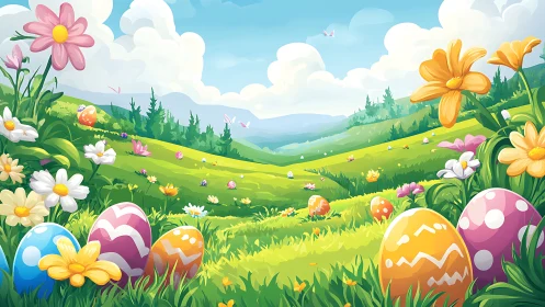 Colorful Easter eggs brighten a dreamy spring meadow landscape