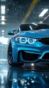 Blue sports coupe under rain in illuminated urban garage.