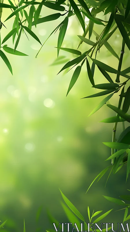Vertical composition shows green bamboo leaves on soft background