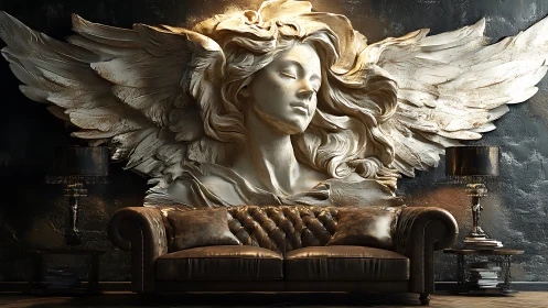 Winged stone relief crowns dark leather sofa interior