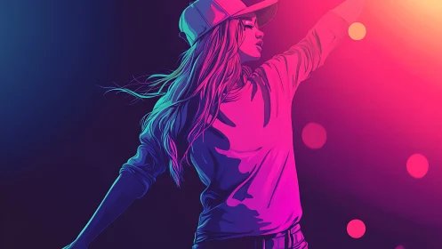 Neon colored digital dancer in cap under bright club lights.