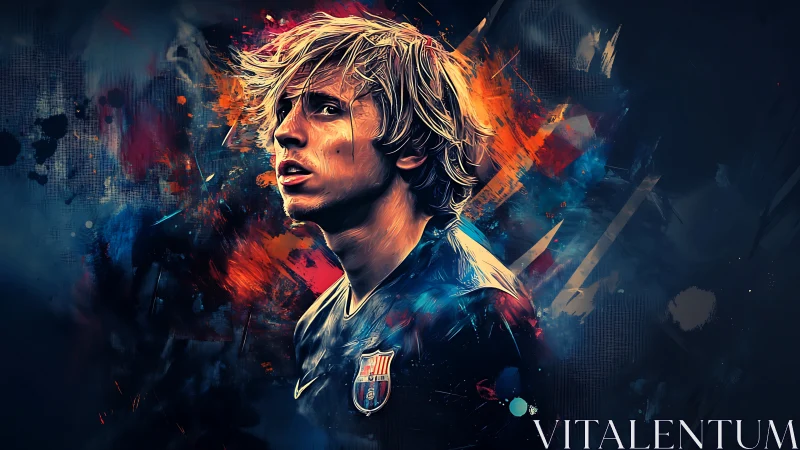 Electric football portrait amid abstract neon bursts.