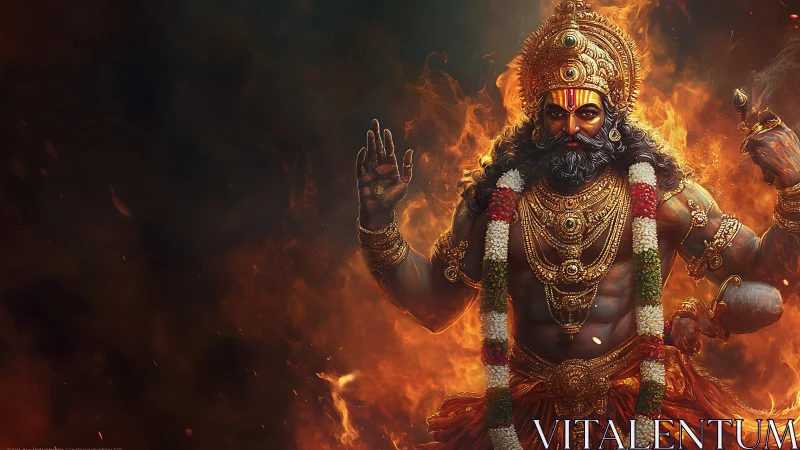 Fire-crowned deity strides through embers in radiant armor.